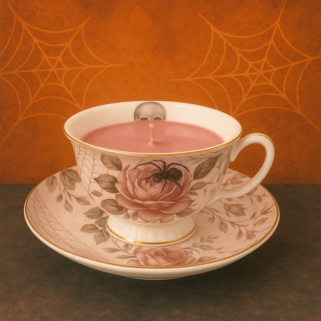 Skull, Roses, & Spider Teacup & Saucer (White Tea & Thyme)
