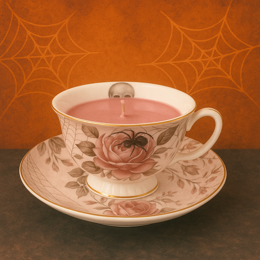 Skull, Roses, & Spider Teacup & Saucer (White Tea & Thyme)