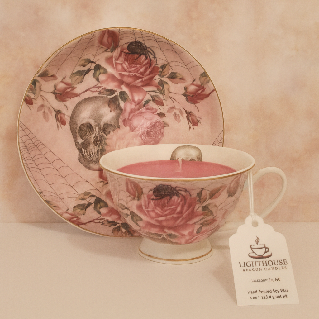 Skull, Roses, & Spider Teacup & Saucer (White Tea & Thyme)